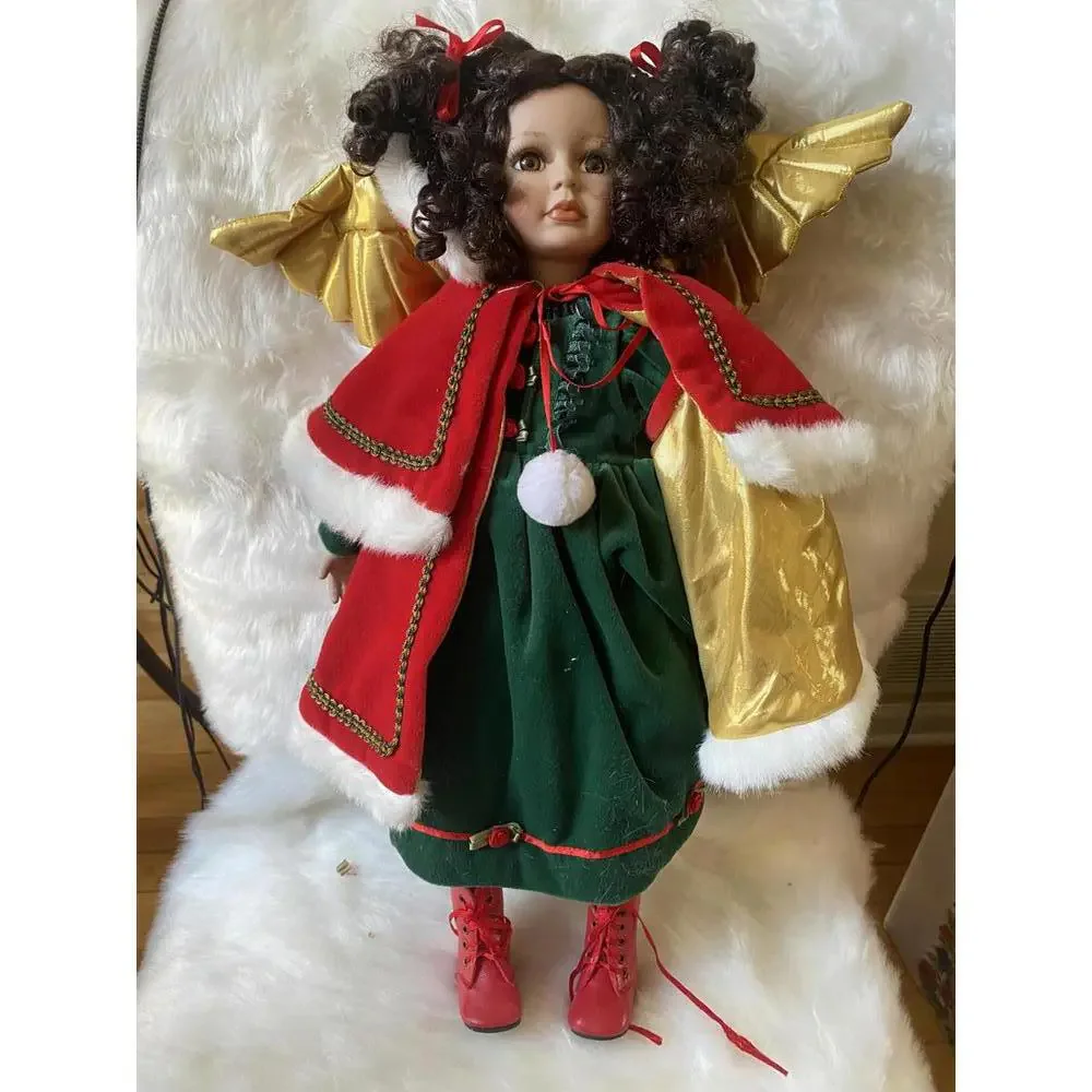 Porcelain Collectible Doll with Angel Wings and Festive Outfit